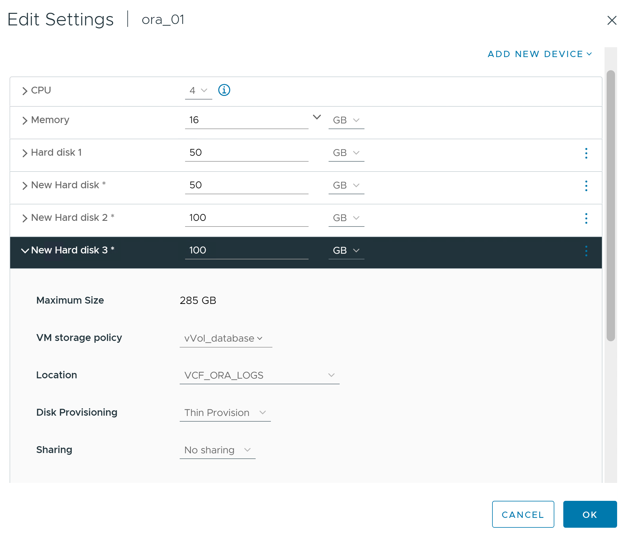 Schermata che mostra la configurazione dello storage di una VM.