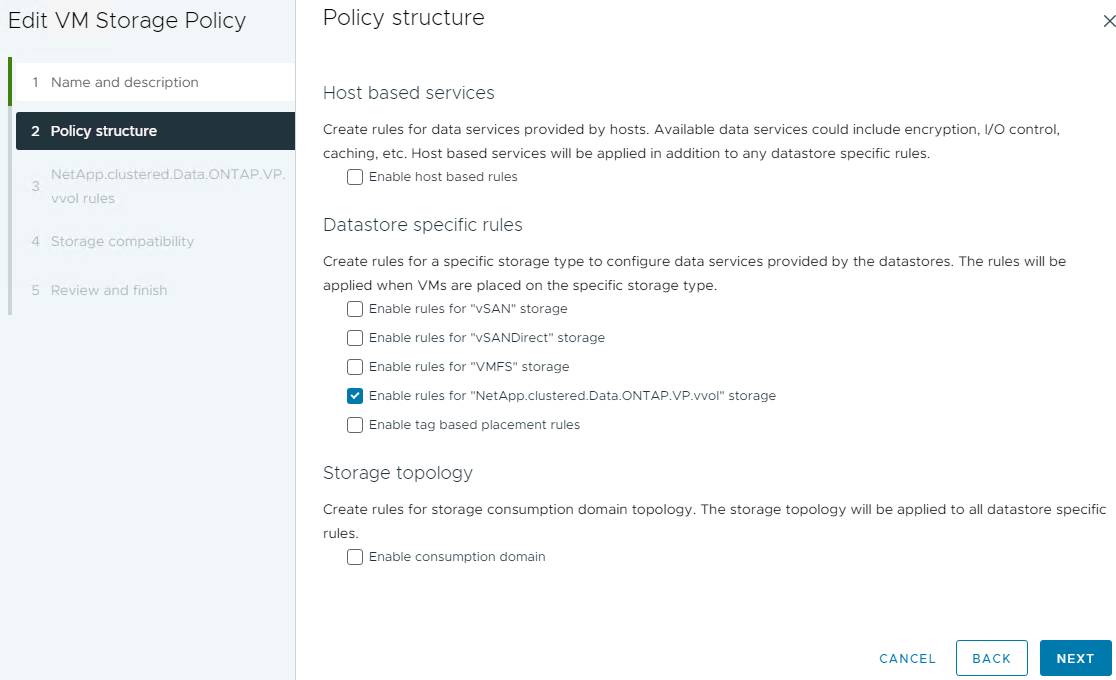 Schermata che mostra la configurazione di una policy di storage delle macchine virtuali.