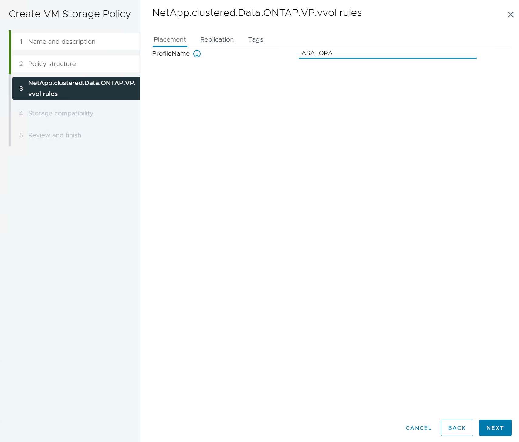 Schermata che mostra la configurazione di una policy di storage delle macchine virtuali.