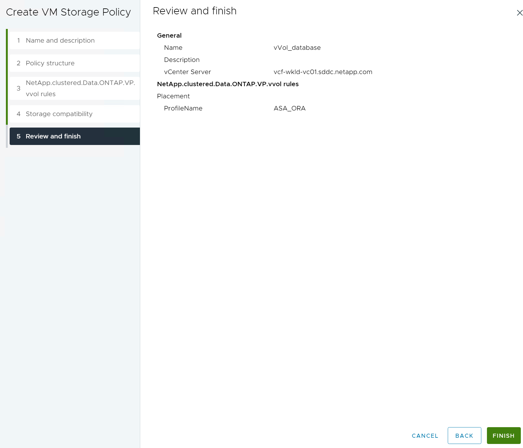 Schermata che mostra la configurazione di una policy di storage delle macchine virtuali.