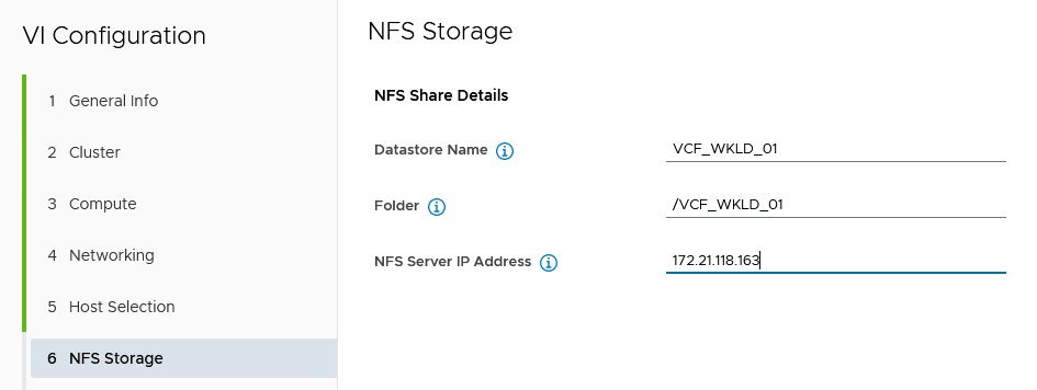 Aggiungi informazioni storage NFS