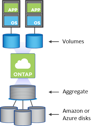 Questa illustrazione mostra un aggregato composto da dischi EBS e volumi di dati che Cloud Volumes ONTAP mette a disposizione degli host.