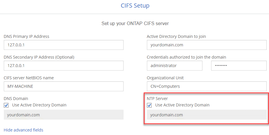 Una schermata che mostra la schermata CIFS Setup (Configurazione CIFS), che include il campo NTP Server (Server NTP).