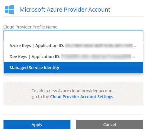 Una schermata che mostra la selezione tra gli account del provider cloud dopo aver fatto clic su Cambia account nella pagina Dettagli  credenziali.