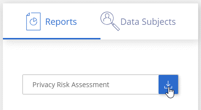 Una schermata della scheda Compliance di Cloud Manager che mostra il riquadro Reports (Report) in cui è possibile fare clic su Privacy Risk Assessment (Valutazione dei rischi per la privacy).