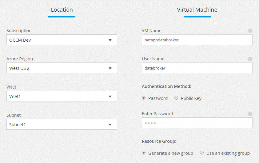 Una schermata della pagina di implementazione di Azure che mostra i seguenti campi: Subscription, Azure Region, VNET, Subnet, VM Name, Nome utente, metodo di autenticazione e gruppo di risorse.