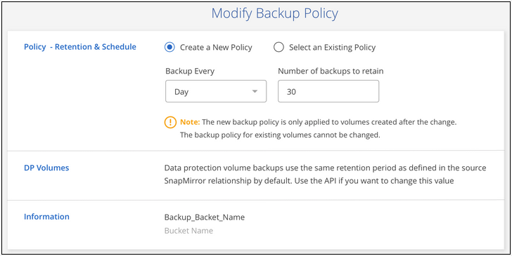 Una schermata che mostra le impostazioni di Backup nel cloud in cui è possibile modificare la pianificazione del backup e l'impostazione di conservazione del backup.