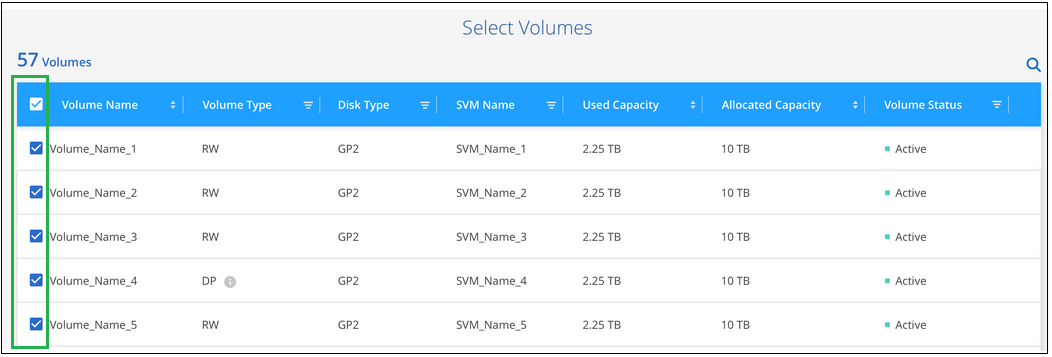 Una schermata che mostra la selezione dei volumi di cui verrà eseguito il backup.