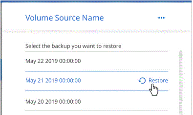 Una schermata dell'icona di ripristino per un backup dopo aver selezionato un volume.