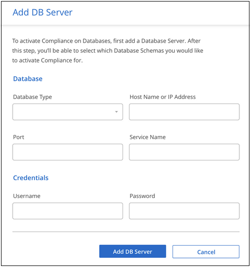 Una schermata della pagina Add DB Server (Aggiungi server DB) per identificare il database.
