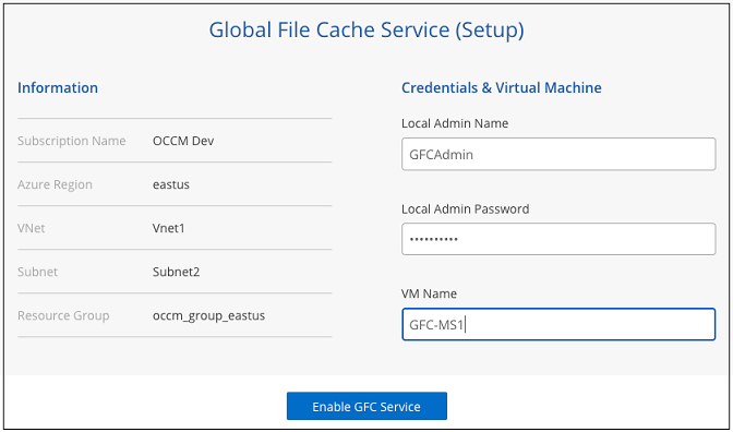 Una schermata che mostra le informazioni di configurazione necessarie per configurare Global file cache Management Server.