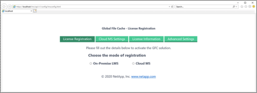 Schermata della pagina Global file cache License Registration.