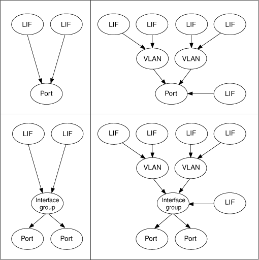 Immagine che illustra la gerarchia di porte in un sistema Data ONTAP in cluster
