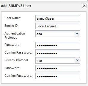 Questa immagine mostra la casella Add SNMP3 User diagg (Aggiungi utente SNMP3) all'interno della finestra di dialogo Edit SNMP Settings (Modifica impostazioni SNMP)