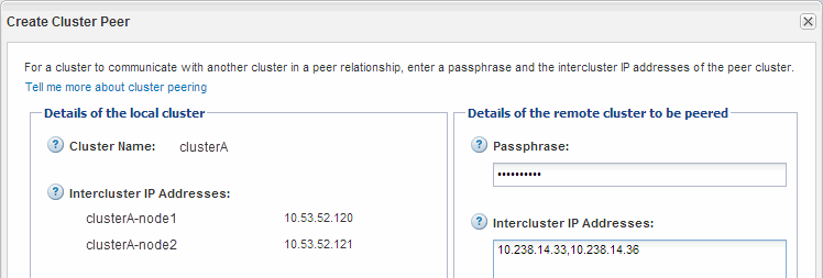 Finestra di dialogo Create Cluster Peer (Crea peer cluster)