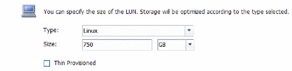 L'illustrazione mostra la finestra di dialogo con la casella di controllo thin provisioning deselezionata.