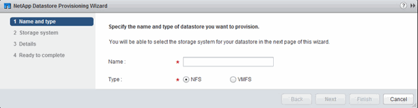 L'immagine mostra la prima pagina di VSC Datastore Provisioning Wizard.