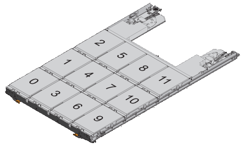 Questa illustrazione mostra la numerazione degli alloggiamenti delle unità e le relative posizioni in un cassetto DS460C