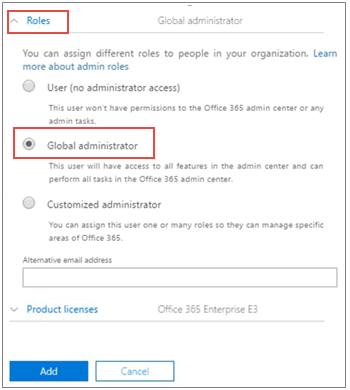 Schermata dei ruoli di amministratore disponibili in Microsoft 365