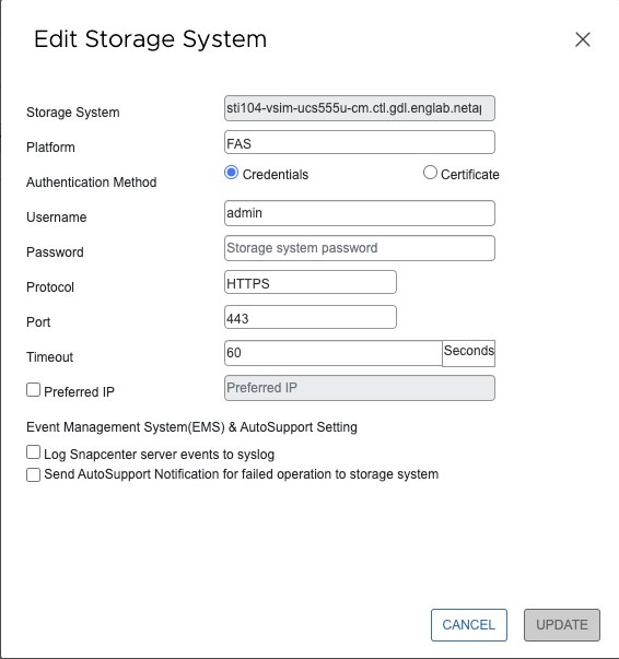 Finestra Edit storage Systems (Modifica sistemi storage)