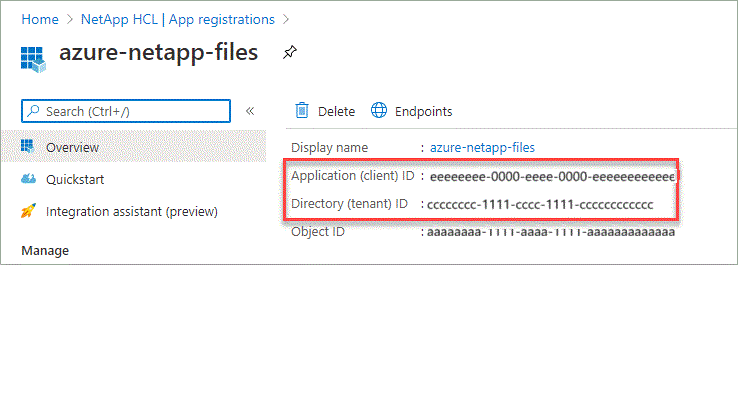 Uno screenshot che mostra l'ID dell'applicazione (client) e l'ID della directory (tenant) per un'applicazione in Microsoft Entra ID.