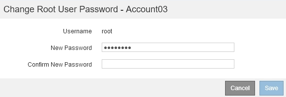 Schermata che mostra Change Root User Password (Modifica password utente root)