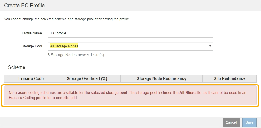 ILM EC Profile All Storage Node Warning (Avviso tutti i nodi di storage profilo EC
