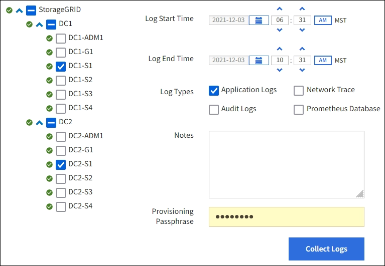 Schermata dell'interfaccia utente della raccolta dei log