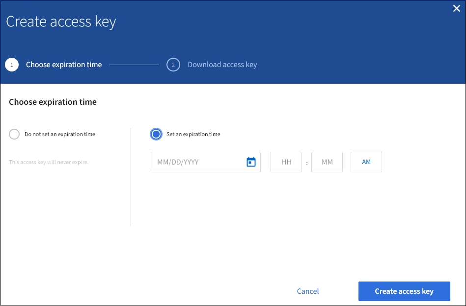 Schermata della finestra di dialogo Create Access Key (Crea chiave di accesso)