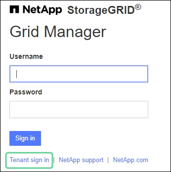 Link di accesso tenant nella pagina di accesso di Grid Manager