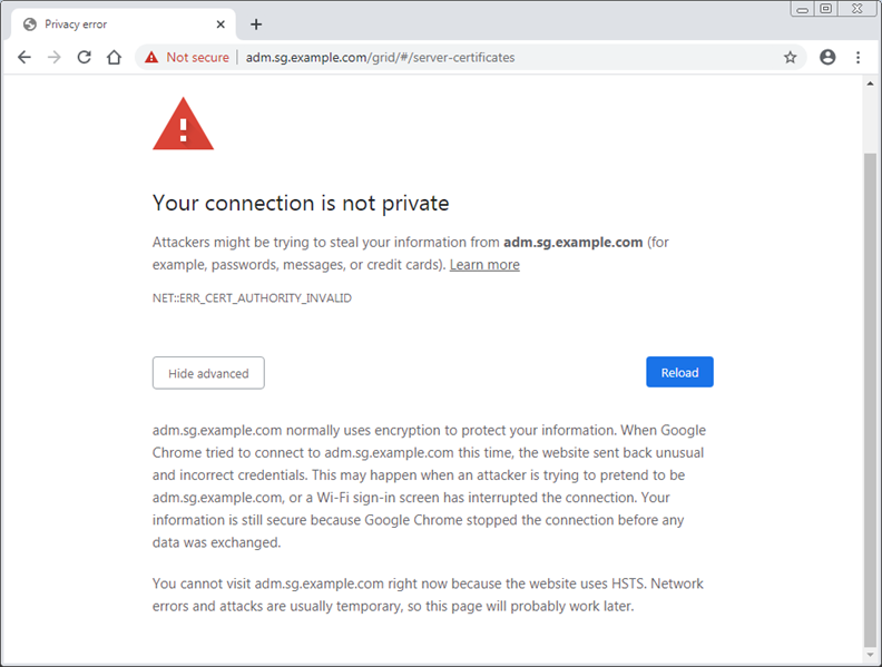 Esempio di errore del certificato