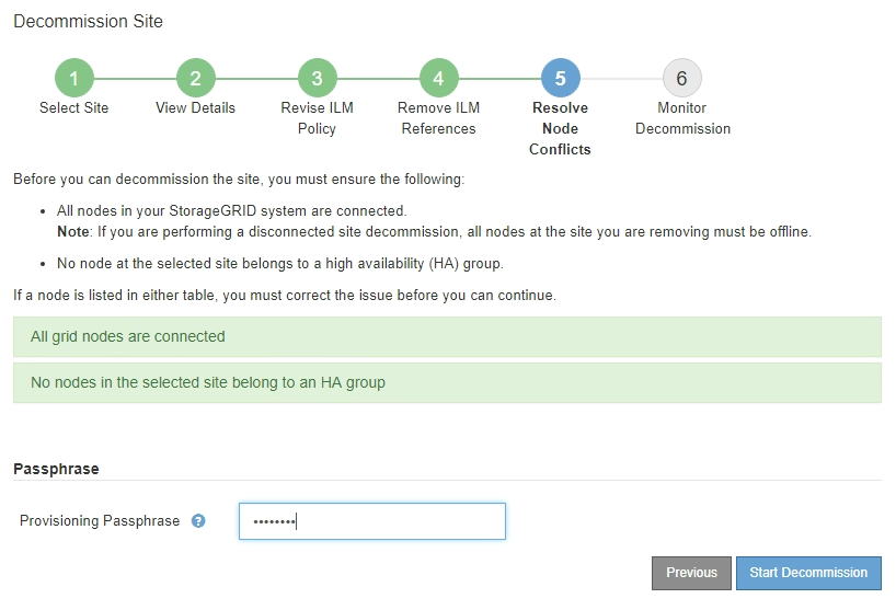 Decommissionare il sito fase 5 eseguire il provisioning della passphrase