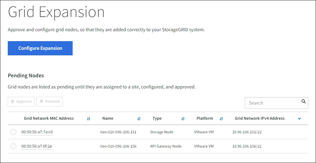 Schermata che mostra la pagina Grid Expansion