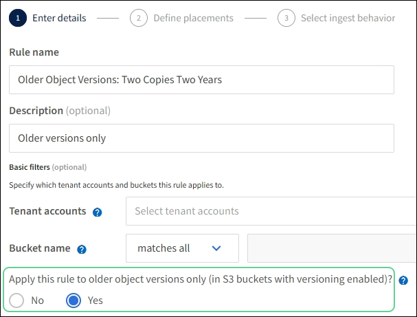 Applica la regola ILM solo alle versioni di oggetti precedenti (ora non corrente)