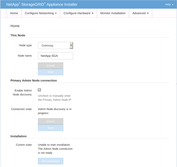 Pagina iniziale del programma di installazione dell'appliance