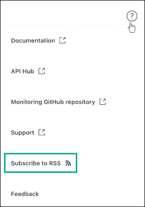 Schermata del menu a discesa della guida della console workload Factory. Nel menu a discesa viene visualizzato un nuovo pulsante per la sottoscrizione a RSS.