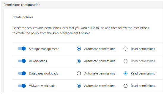 Schermata della sezione di configurazione delle autorizzazioni nella pagina delle credenziali in cui puoi selezionare le policy di lettura o automazione delle autorizzazioni per la gestione dello storage, i carichi di lavoro ai, i carichi di lavoro dei database e i carichi di lavoro VMware.