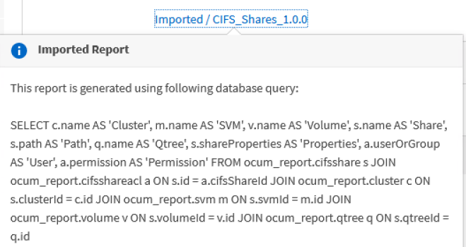 レポートの生成に使用された SQL クエリを示す UI スクリーンショット。