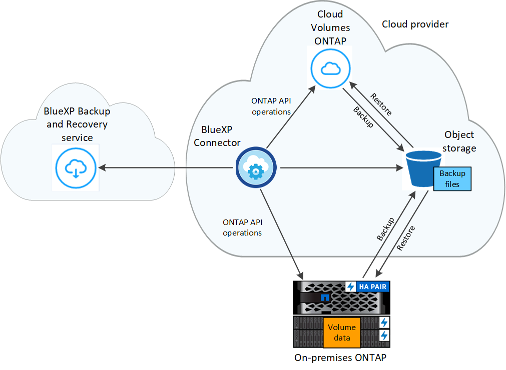 BlueXPのバックアップおよびリカバリが、ソースシステム上のボリュームおよびバックアップファイルが配置されているデスティネーションオブジェクトストレージとどのように通信するかを示す図。