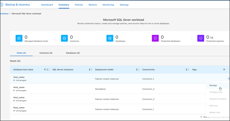 インポートされたSnapCenterリソースと管理オプションが表示されたインベントリページ