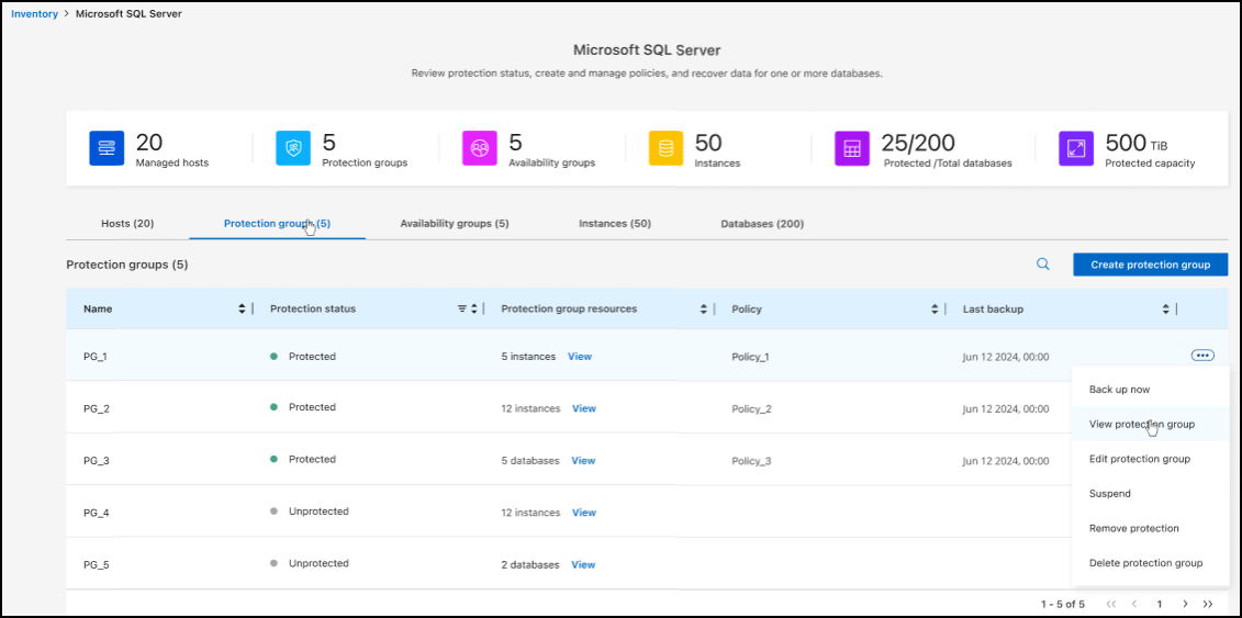 BlueXP backup and recoveryのアクション メニューのスクリーンショット