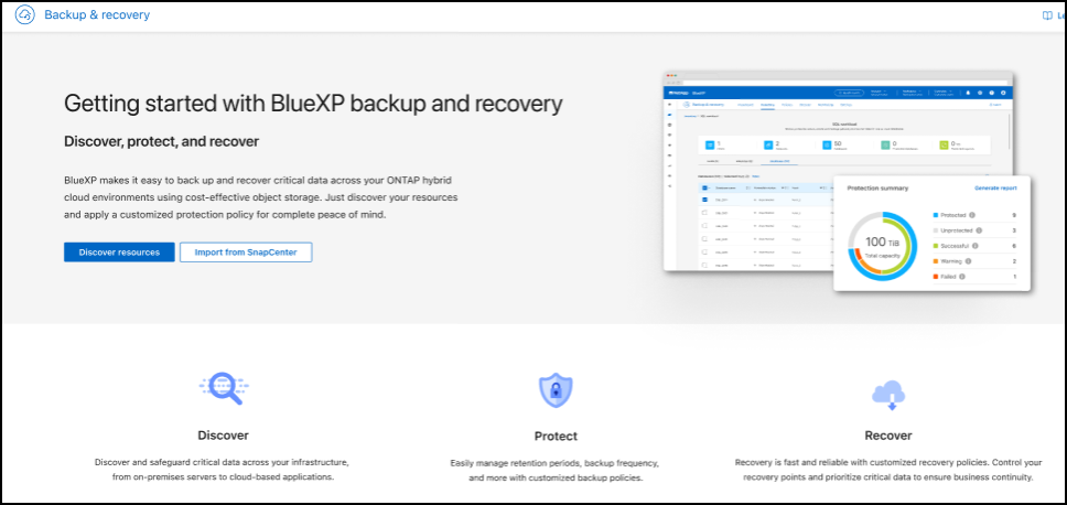BlueXP blueXP のランディング ページのスクリーンショット (リソースが検出されない場合)