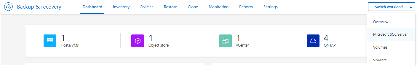 BlueXP backup and recoveryのスイッチワークロードのスクリーンショット