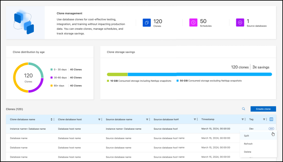 BlueXP backup and recoveryのクローンページのスクリーンショット