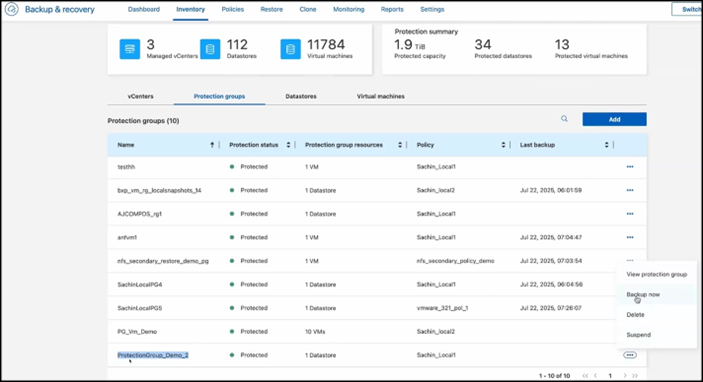BlueXP backup and recoveryの保護グループ タブのスクリーンショット