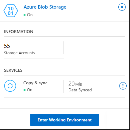 Azure Blob Storage作業環境を選択したあとの操作ウィンドウを示すスクリーンショット。ペインには、ストレージアカウントの総数と、BlueXPサービスを使用するための操作が表示されます。