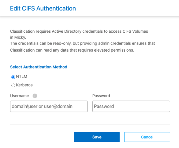 CIFS 資格情報の編集メニューのスクリーンショット。