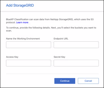 StorageGRIDサービスにアクセスするための値を入力するダイアログのスクリーンショット。