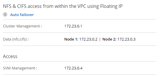 クラスタ管理インターフェイスのフローティングIPアドレス、2つのNFSおよびCIFSデータインターフェイス、およびSVM管理インターフェイスを示すBlueXPのスクリーンショット。