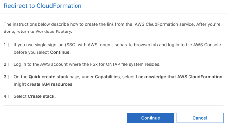 ポリシーを追加するためのCloudFormationスタックの作成方法と、ワークロードファクトリのクレデンシャルのロールを示すスクリーンショット。